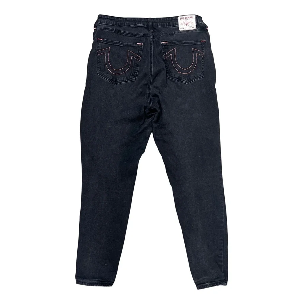 True Religion Halle High Rise Super Skinny Jeans Black Pink Stitch Size 34